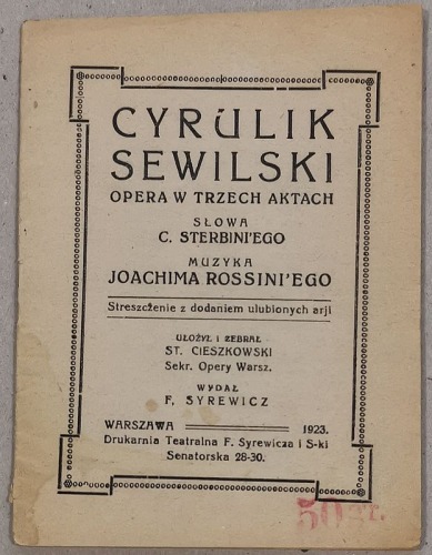 /Libretto/ Cyrulik sewilski, Rossini. Opera w trzech aktach, 1923