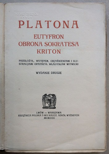 Platona Eutyfron Obrona Sokratesa Kriton, 1923